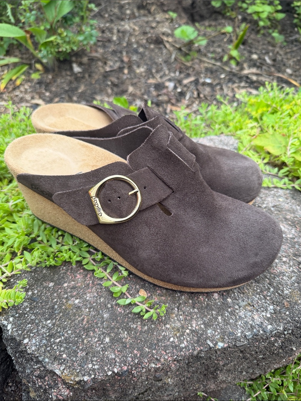 Papillio by Birkenstock Dark Tea Suede Fanny Wedge with Gold Buckle